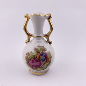 Limoges France Porcelain Miniature Vase Love Story Painted 18K READ Vtg 1950s